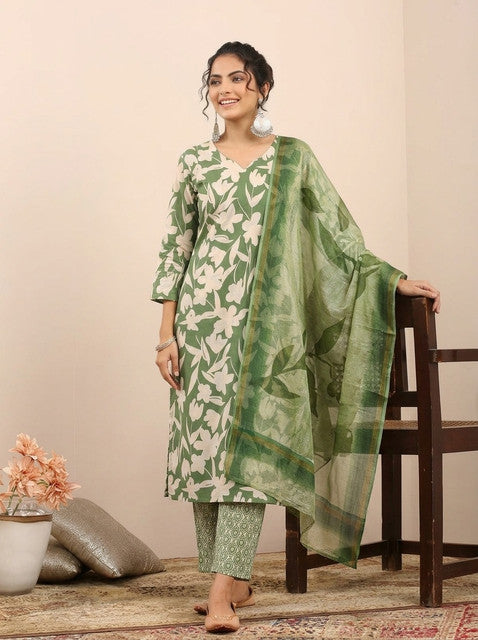 Green printed kurta with pant set and dupatta