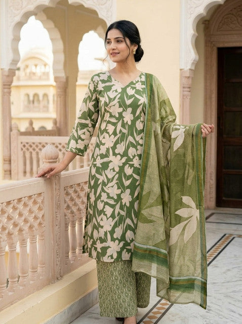 Green printed kurta with pant set and dupatta