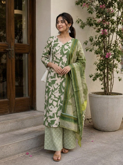 Green printed kurta with pant set and dupatta