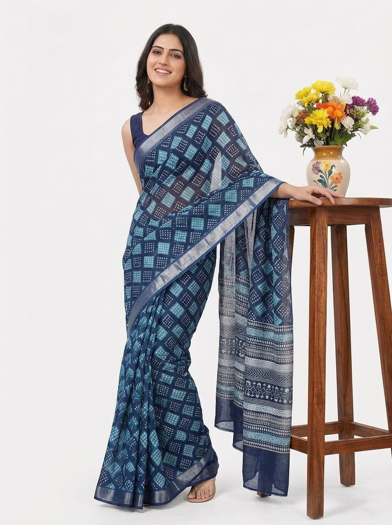 Navy Blue printed saree with blouse piece