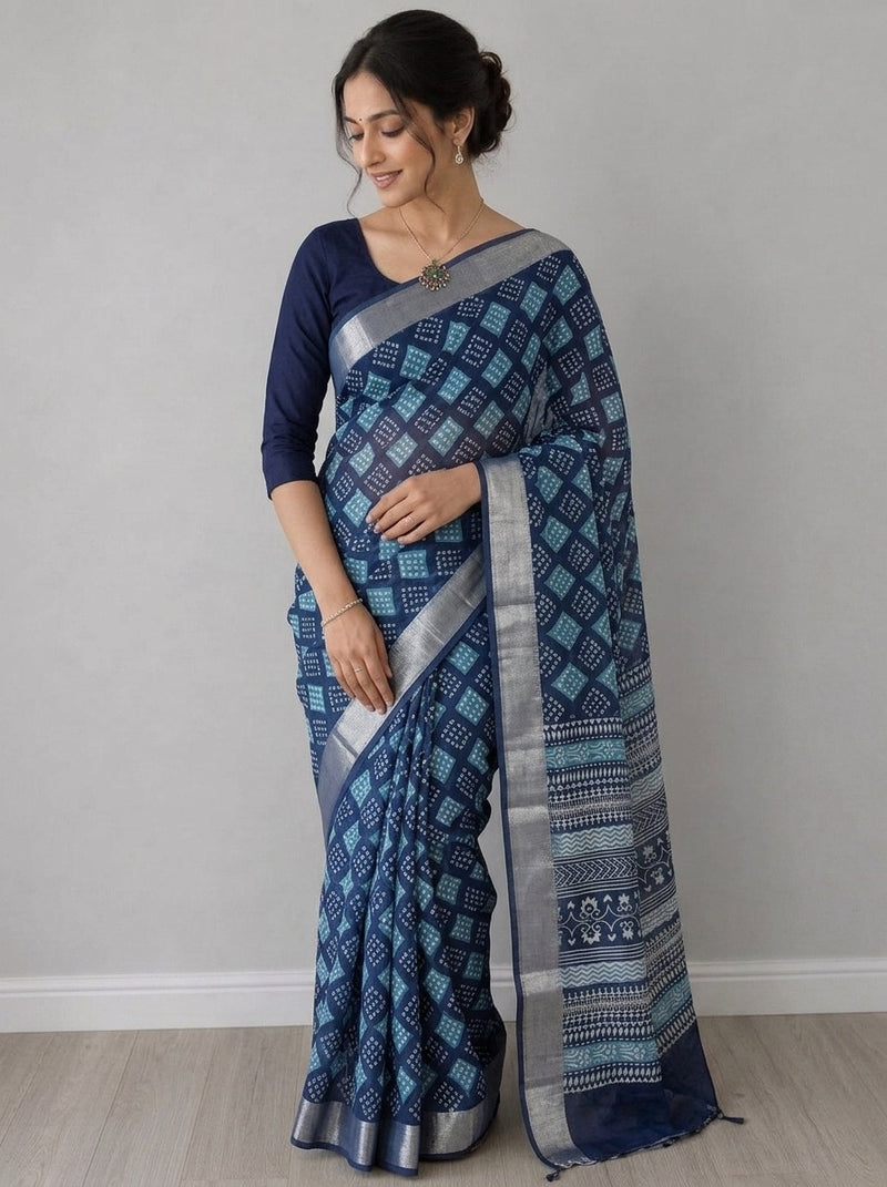 Navy Blue printed saree with blouse piece