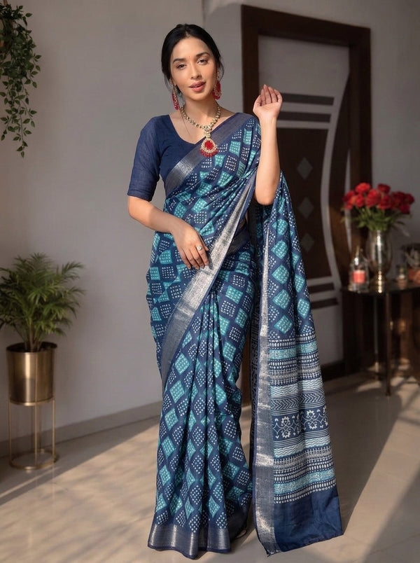 Navy Blue printed saree with blouse piece