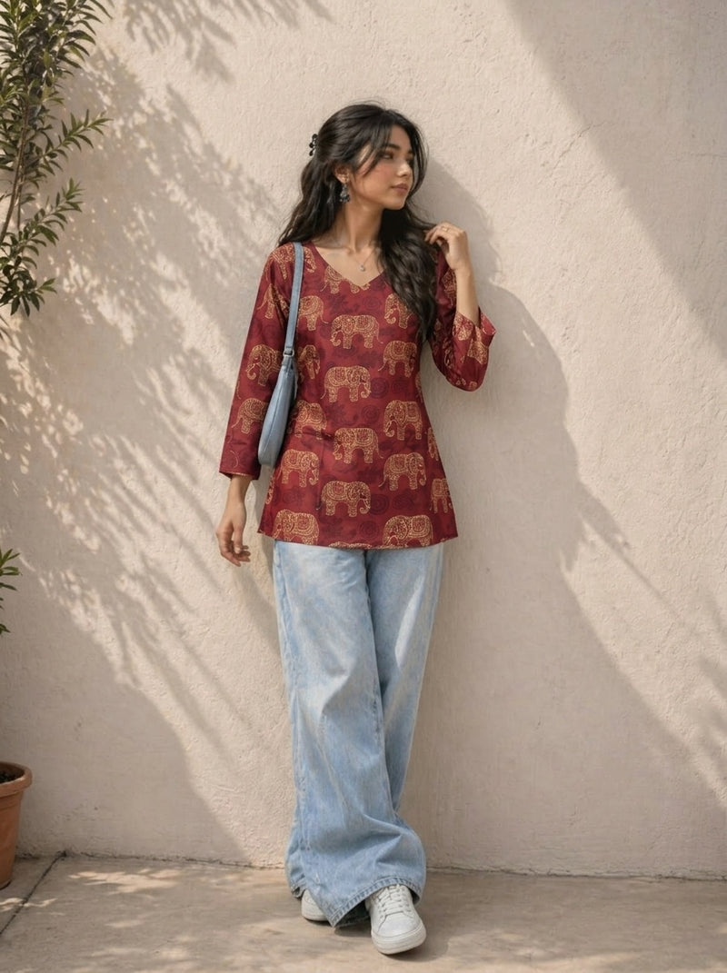 Maroon printed short kurti
