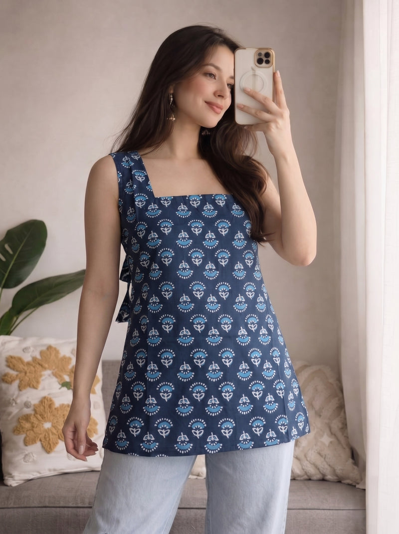 Navy Blue Floral Booti Printed Sleeveless Square Neck Short Kurti