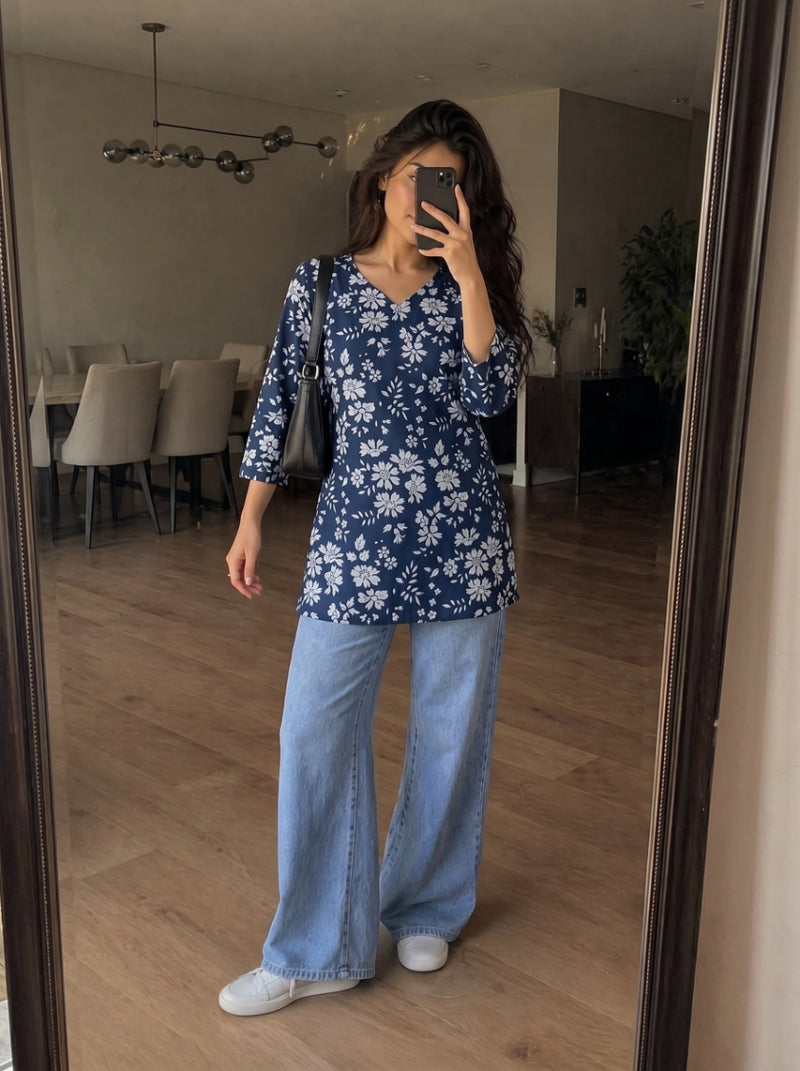 Navy Blue White Floral Printed 3/4 Sleeves V-Neck Short Kurti
