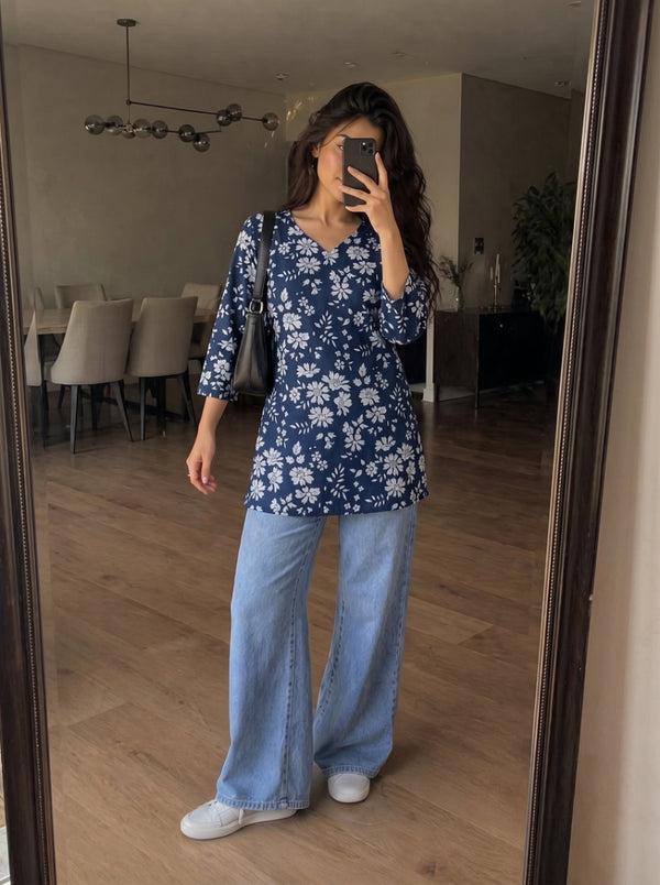 Navy Blue White Floral Printed 3/4 Sleeves V-Neck Short Kurti