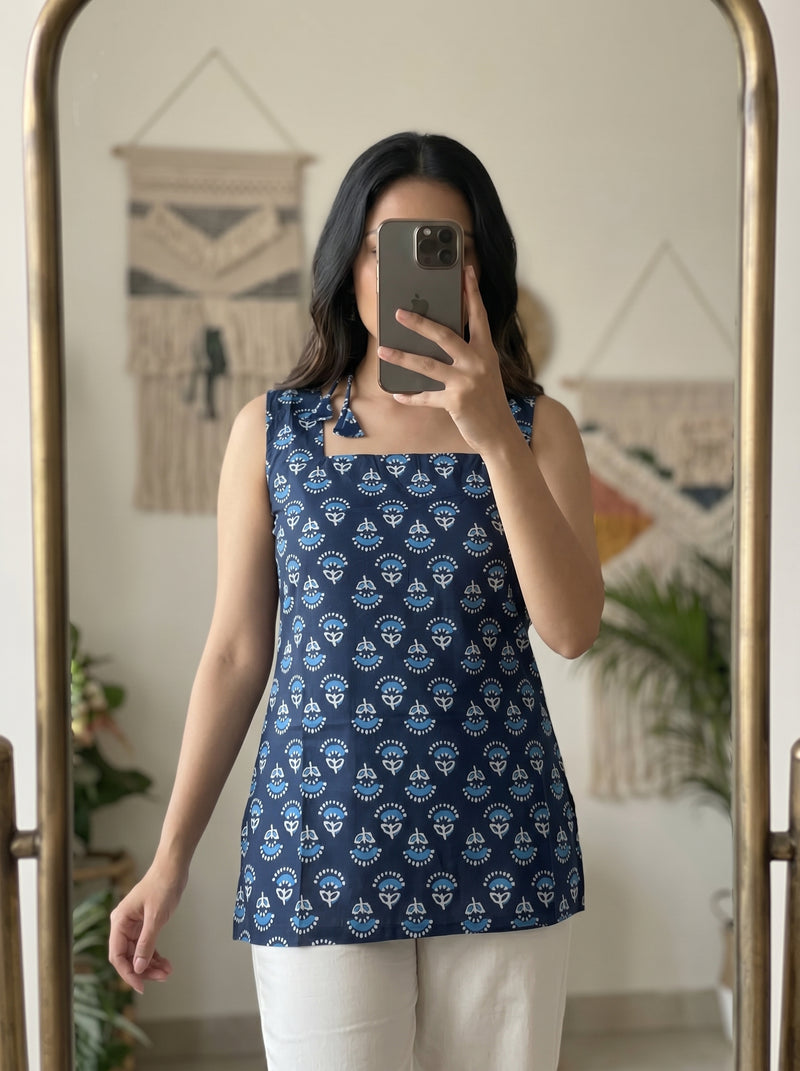 Navy Blue Floral Booti Printed Sleeveless Square Neck Short Kurti