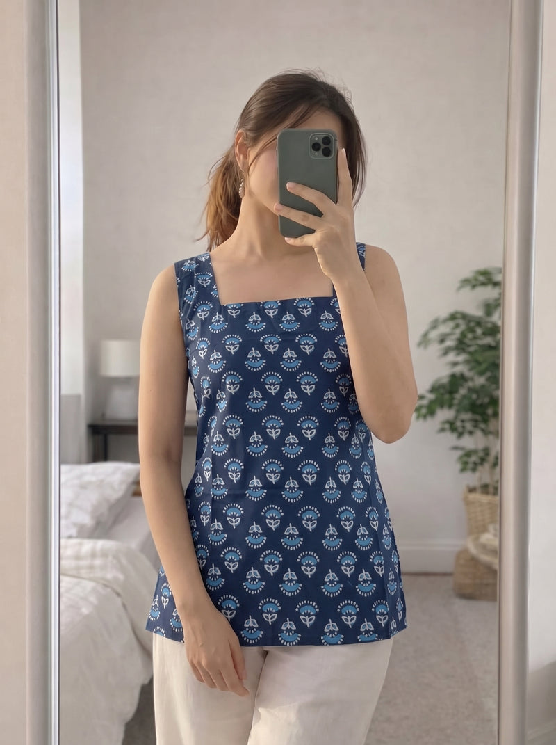 Navy Blue Floral Booti Printed Sleeveless Square Neck Short Kurti
