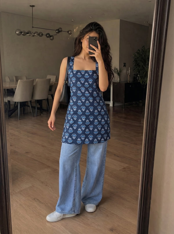 Navy Blue Floral Booti Printed Sleeveless Square Neck Short Kurti