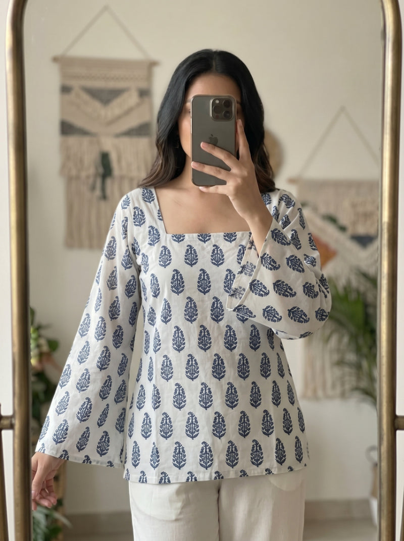 White Blue Paisley Print Bell Sleeves Square Neck Short Kurti