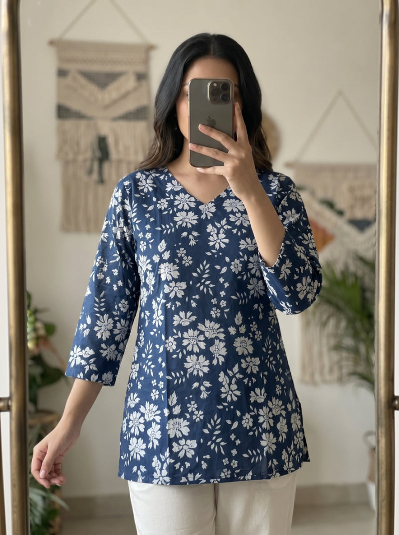 Navy Blue White Floral Printed 3/4 Sleeves V-Neck Short Kurti