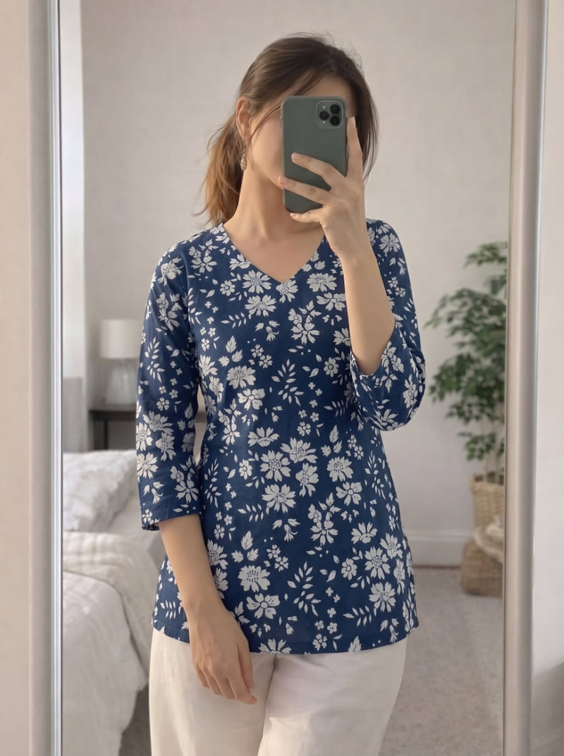 Navy Blue White Floral Printed 3/4 Sleeves V-Neck Short Kurti