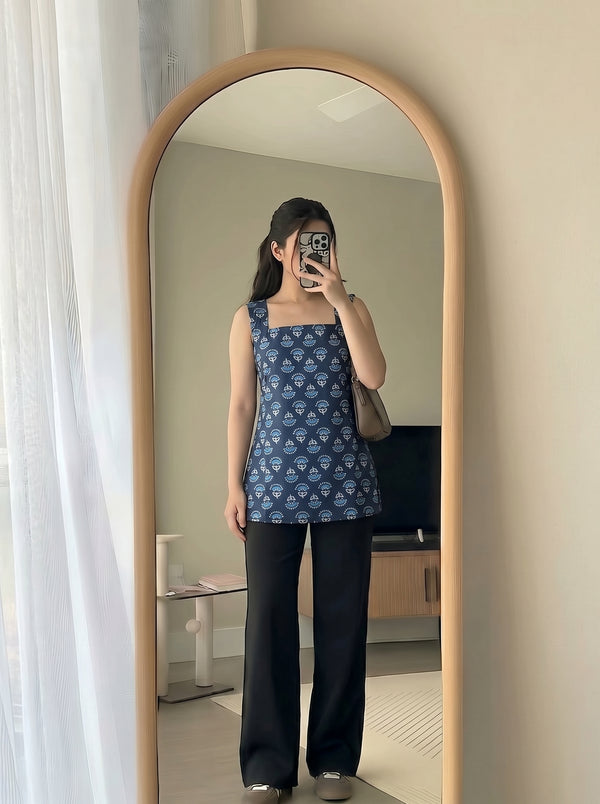 Navy Blue Floral Booti Printed Sleeveless Square Neck Short Kurti