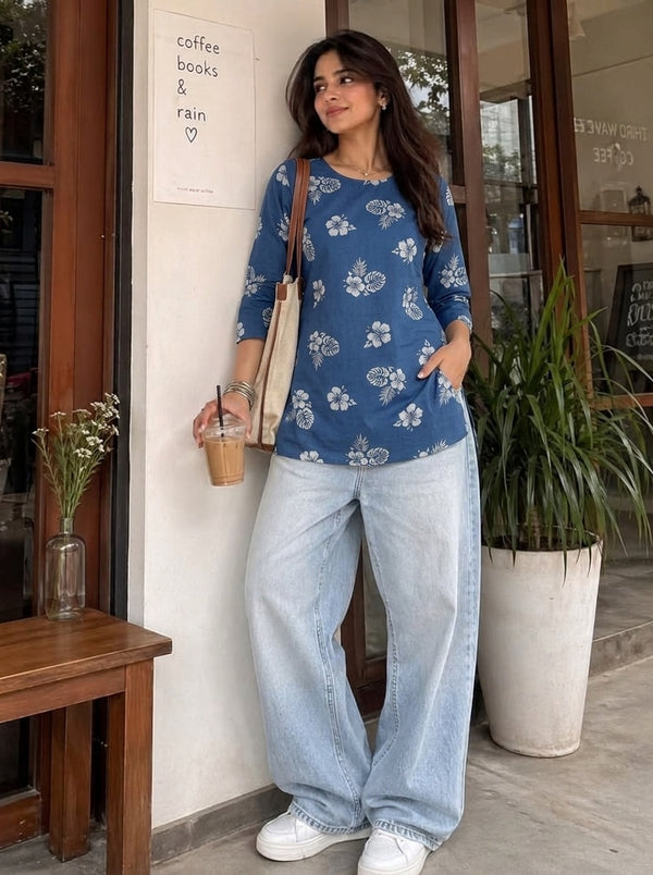 Blue White Hibiscus Floral Printed 3/4 Sleeves Round Neck Short Kurti