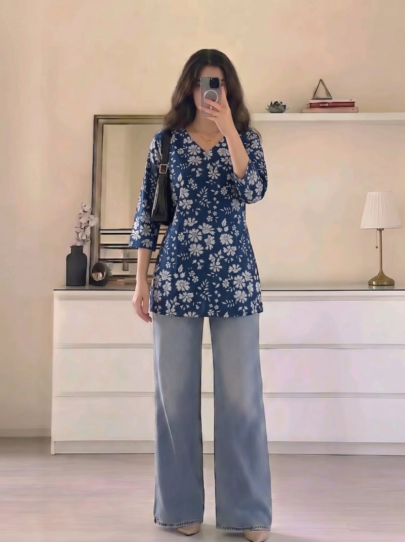 Navy Blue White Floral Printed 3/4 Sleeves V-Neck Short Kurti
