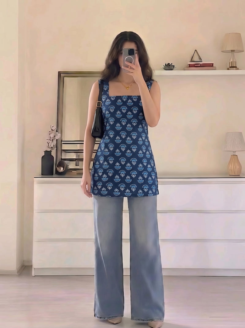 Navy Blue Floral Booti Printed Sleeveless Square Neck Short Kurti