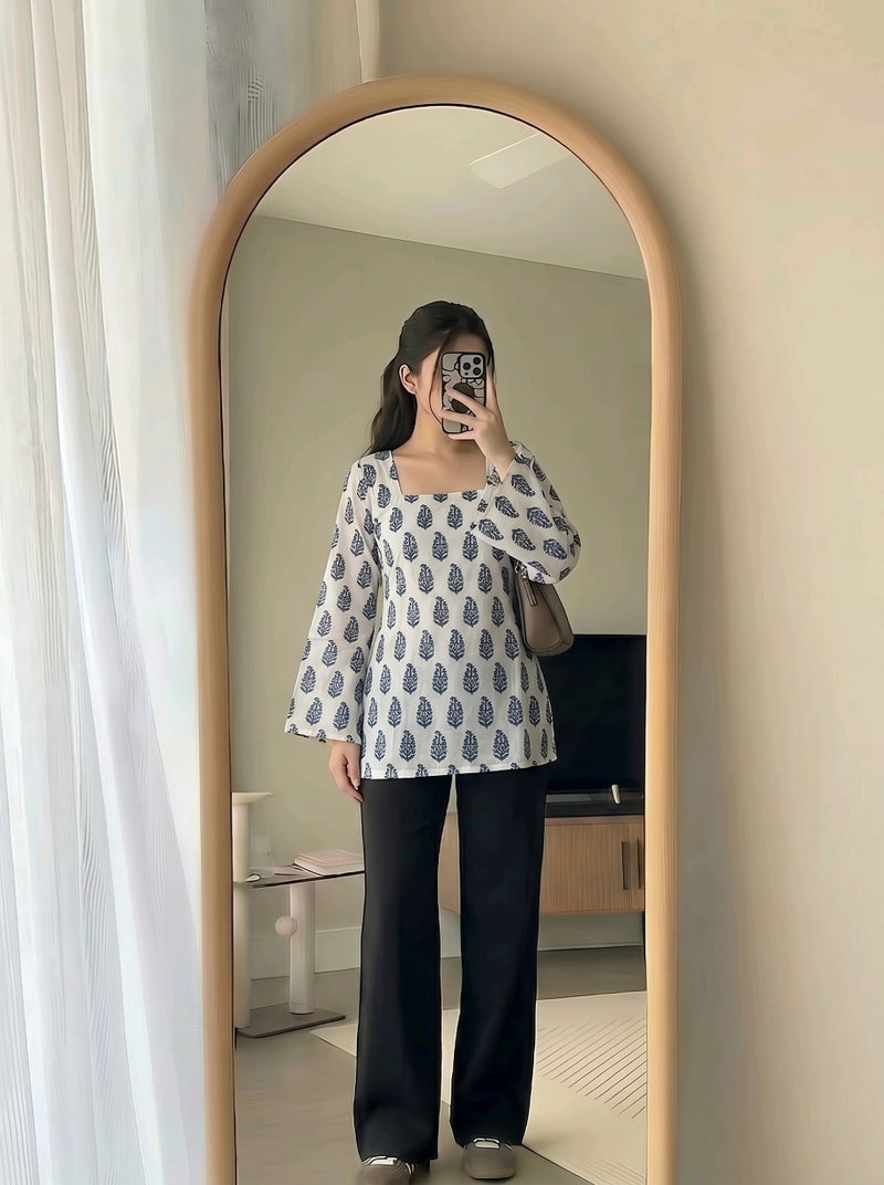 White Blue Paisley Print Bell Sleeves Square Neck Short Kurti