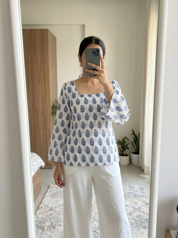 White Blue Paisley Print Bell Sleeves Square Neck Short Kurti