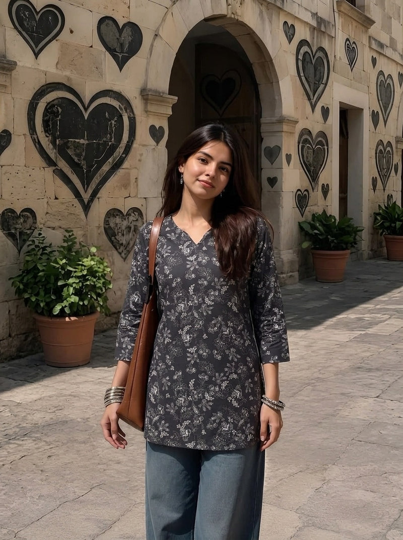 Black White Floral Printed 3/4 Sleeves Short Kurti