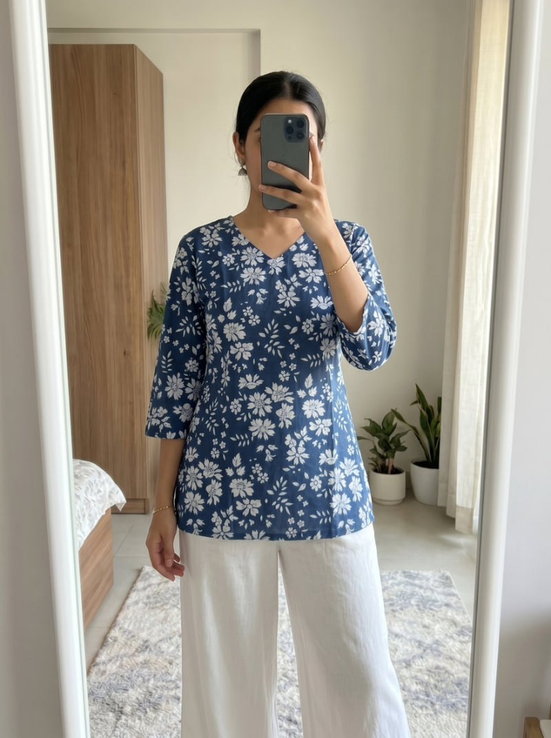 Navy Blue White Floral Printed 3/4 Sleeves V-Neck Short Kurti