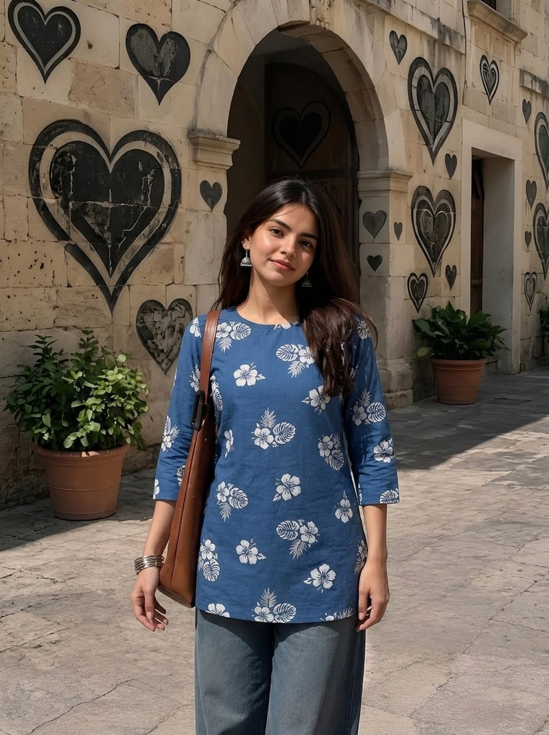 Blue White Hibiscus Floral Printed 3/4 Sleeves Round Neck Short Kurti
