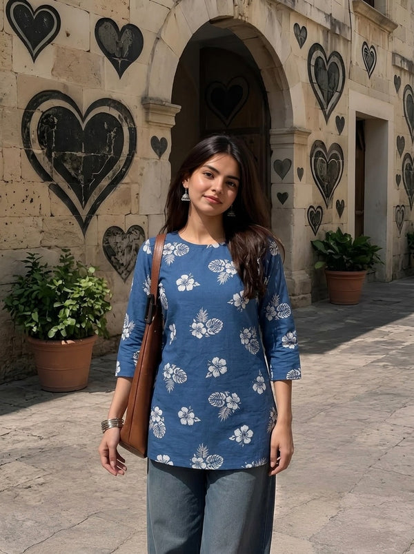 Blue White Hibiscus Floral Printed 3/4 Sleeves Round Neck Short Kurti