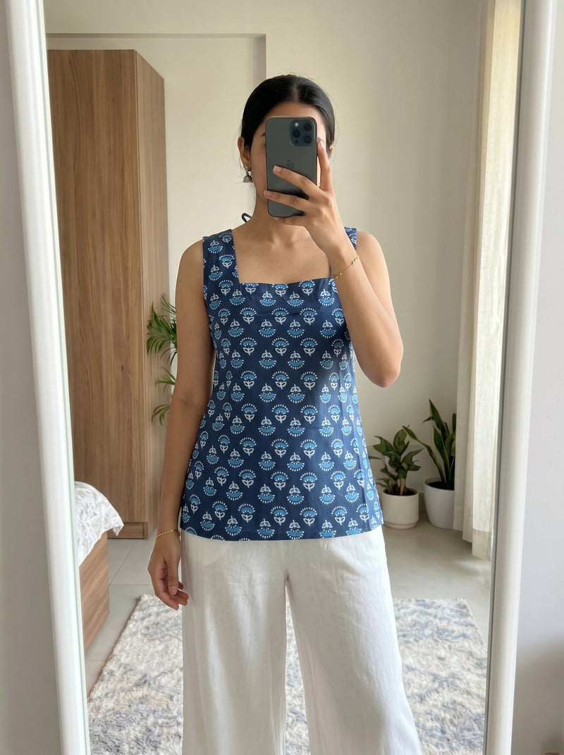 Navy Blue Floral Booti Printed Sleeveless Square Neck Short Kurti