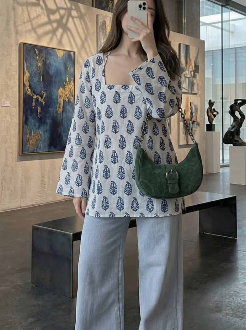 White Blue Paisley Print Bell Sleeves Square Neck Short Kurti