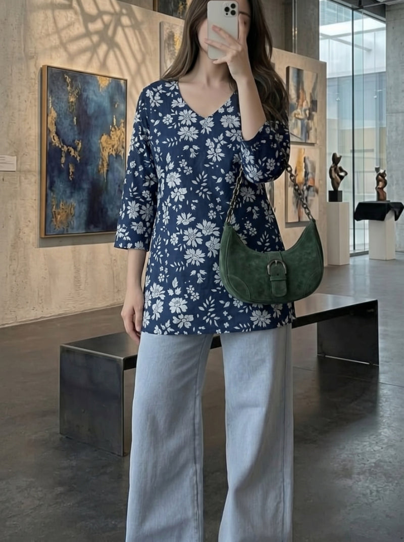 Navy Blue White Floral Printed 3/4 Sleeves V-Neck Short Kurti