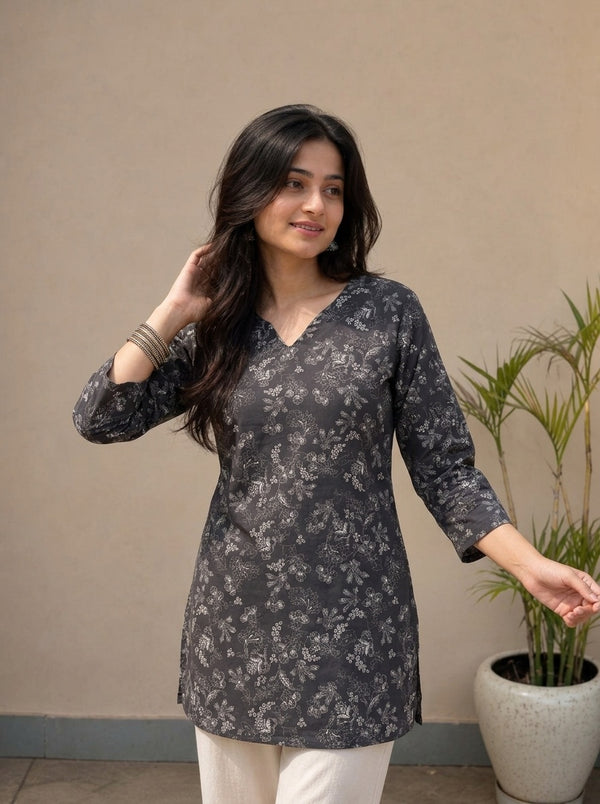 Black White Floral Printed 3/4 Sleeves Short Kurti