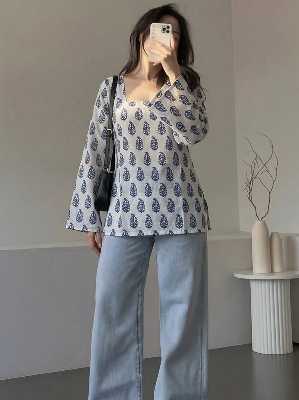 White Blue Paisley Print Bell Sleeves Square Neck Short Kurti