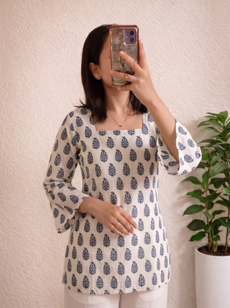 White Blue Paisley Print Bell Sleeves Square Neck Short Kurti