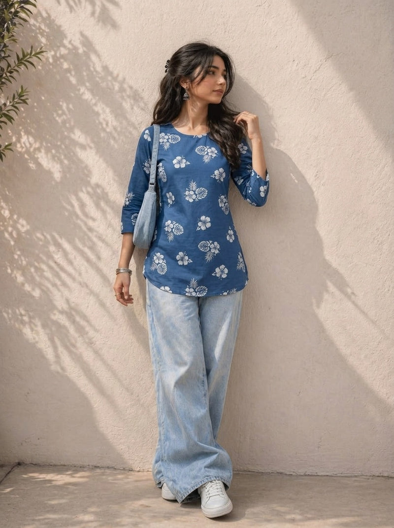 Blue White Hibiscus Floral Printed 3/4 Sleeves Round Neck Short Kurti