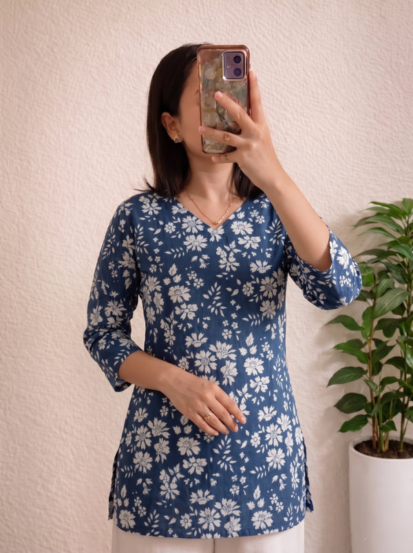 Navy Blue White Floral Printed 3/4 Sleeves V-Neck Short Kurti