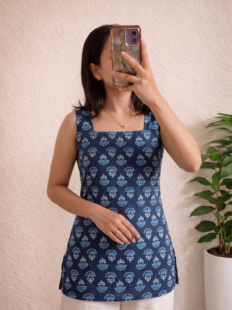 Navy Blue Floral Booti Printed Sleeveless Square Neck Short Kurti