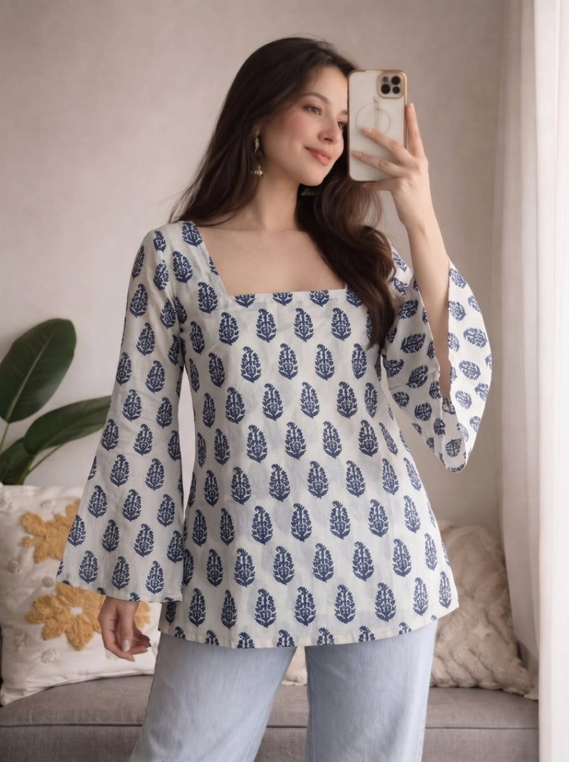White Blue Paisley Print Bell Sleeves Square Neck Short Kurti