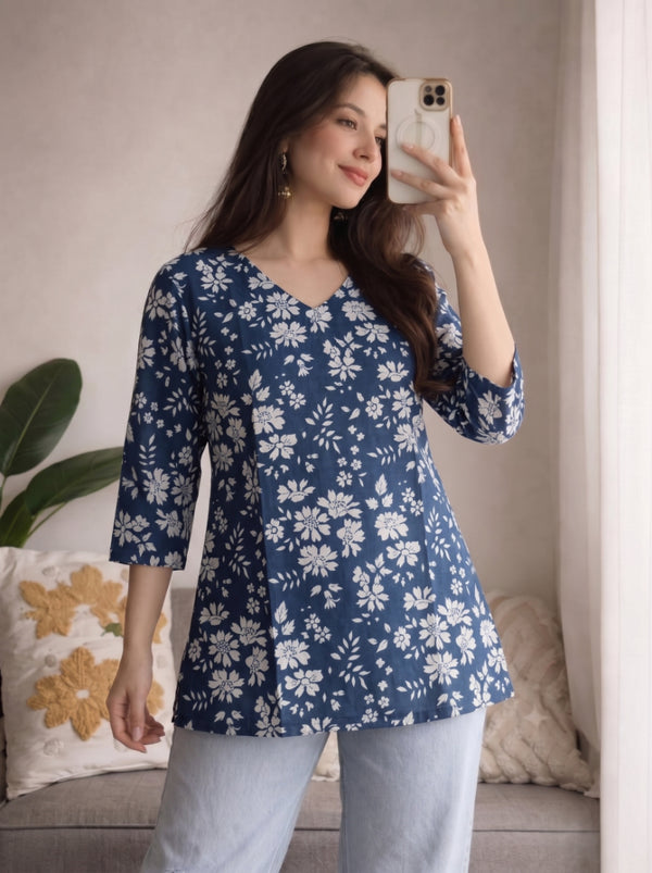 Navy Blue White Floral Printed 3/4 Sleeves V-Neck Short Kurti