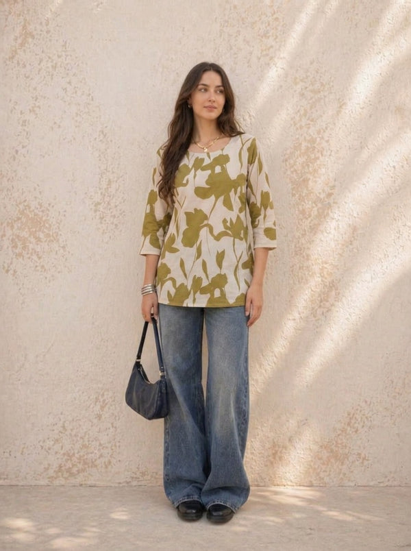 Beige Olive Green Large Floral Printed 3/4 Sleeves Round Neck Short Kurti