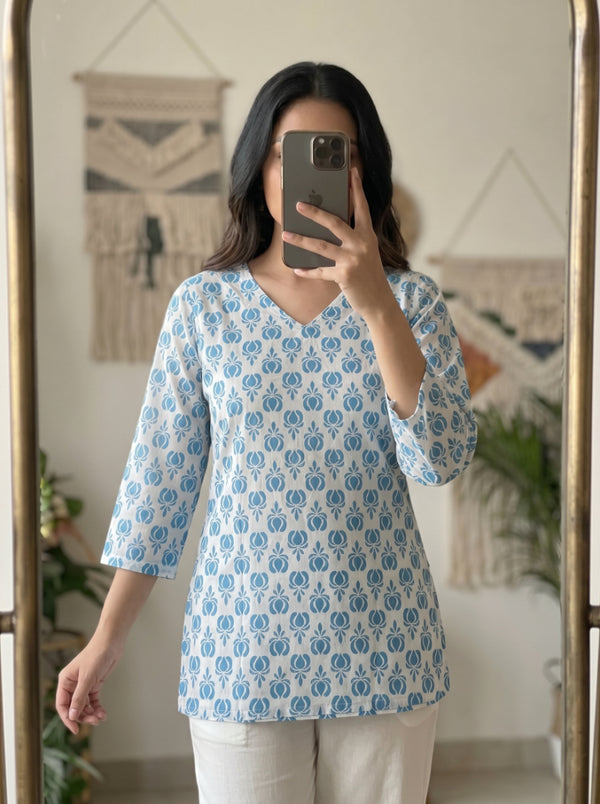White Blue Floral Booti Printed 3/4 Sleeves Round Neck Short Kurti