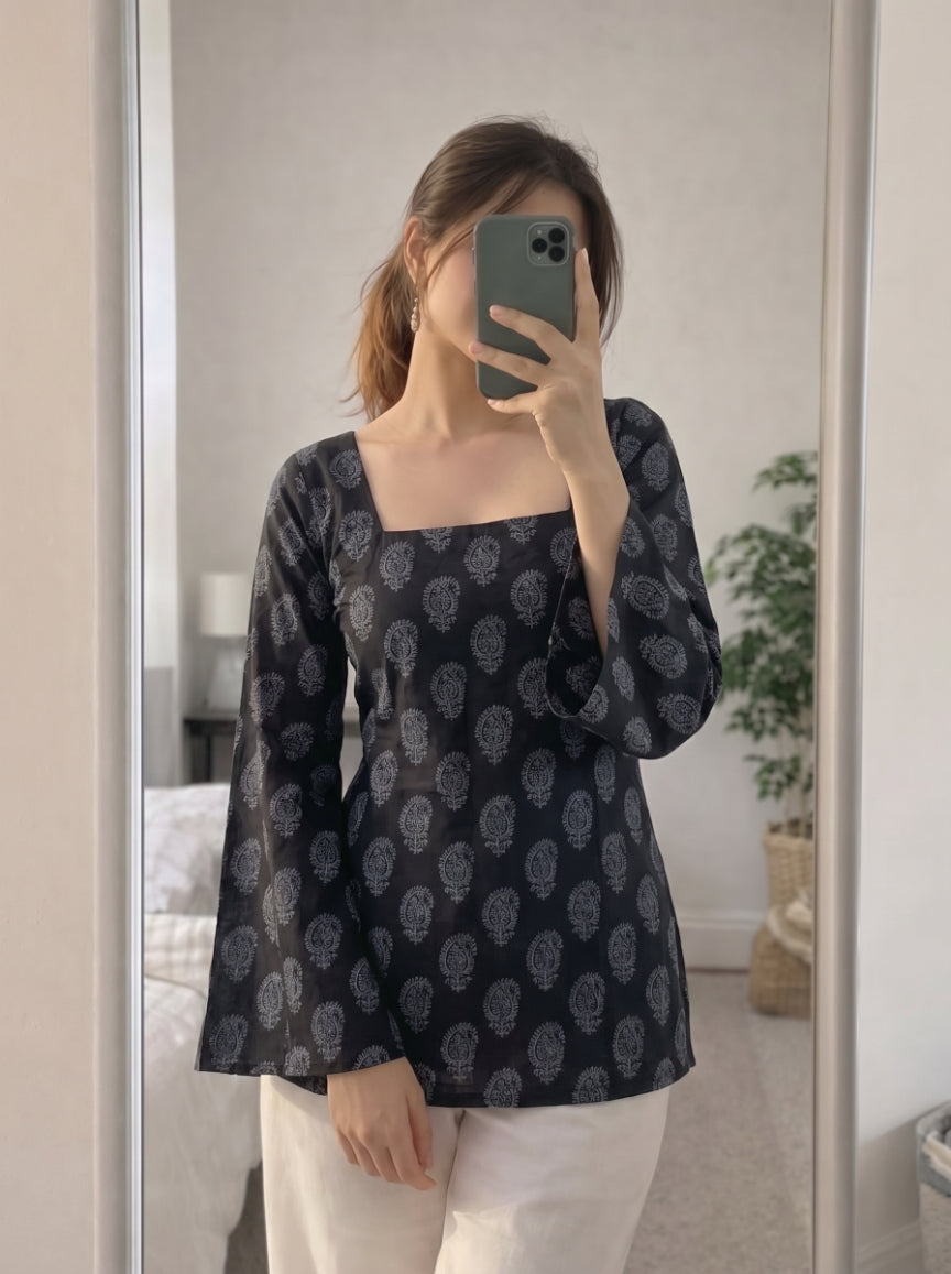 Black Paisley Print Bell Sleeve Square Neck Short Kurti