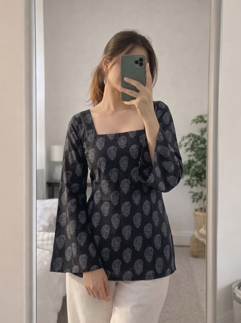 Black Paisley Print Bell Sleeve Square Neck Short Kurti