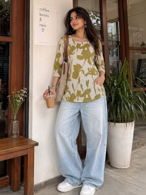 Beige Olive Green Large Floral Printed 3/4 Sleeves Round Neck Short Kurti