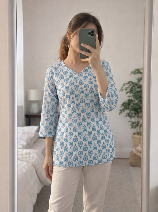 White Blue Floral Booti Printed 3/4 Sleeves Round Neck Short Kurti