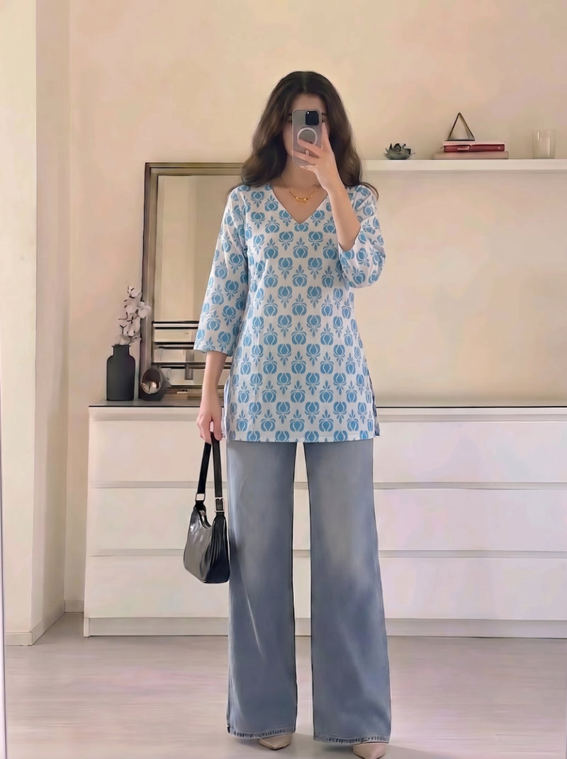 White Blue Floral Booti Printed 3/4 Sleeves Round Neck Short Kurti