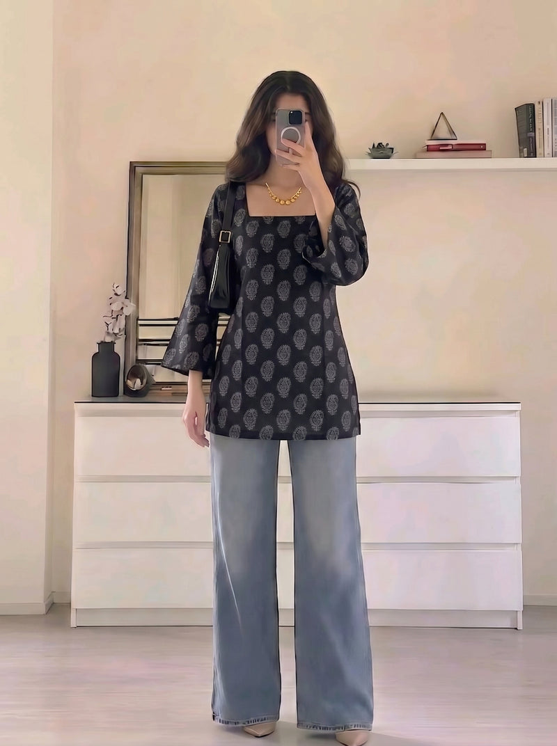 Black Paisley Print Bell Sleeve Square Neck Short Kurti