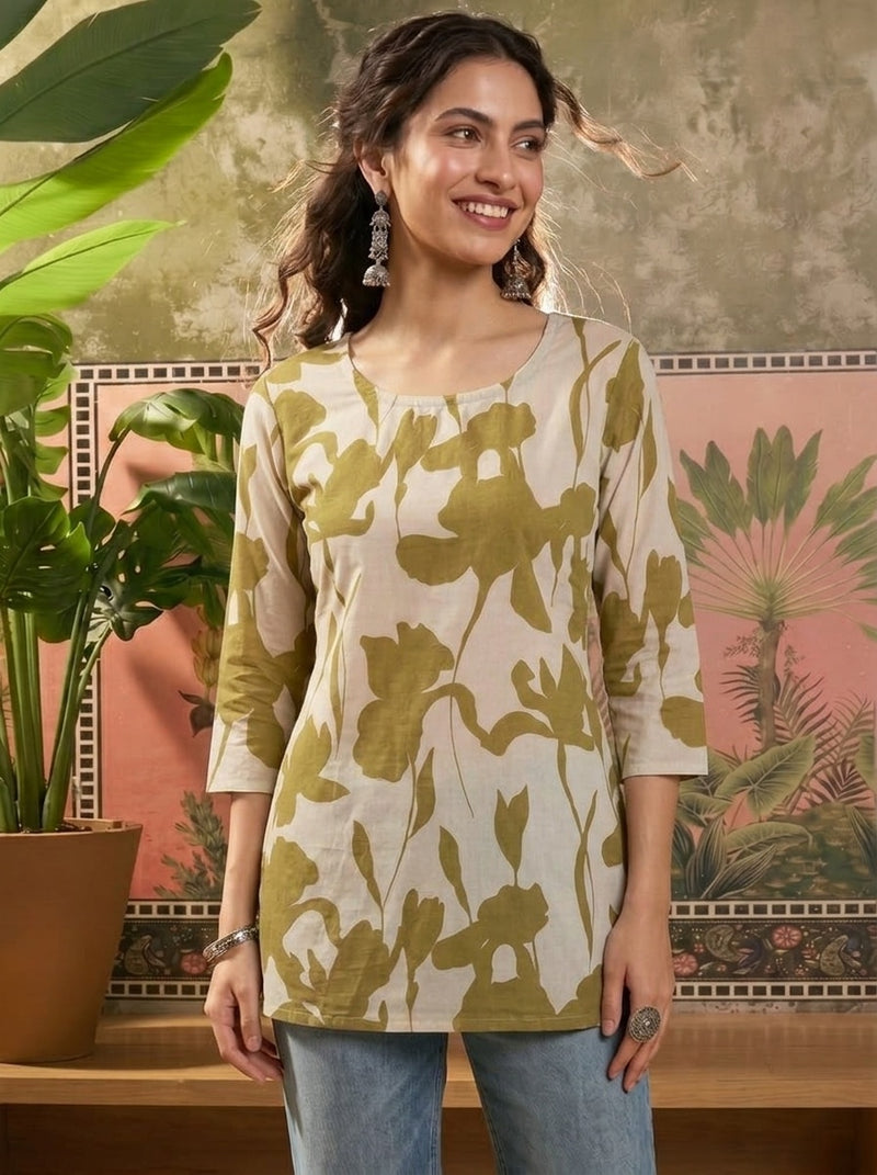 Beige Olive Green Large Floral Printed 3/4 Sleeves Round Neck Short Kurti