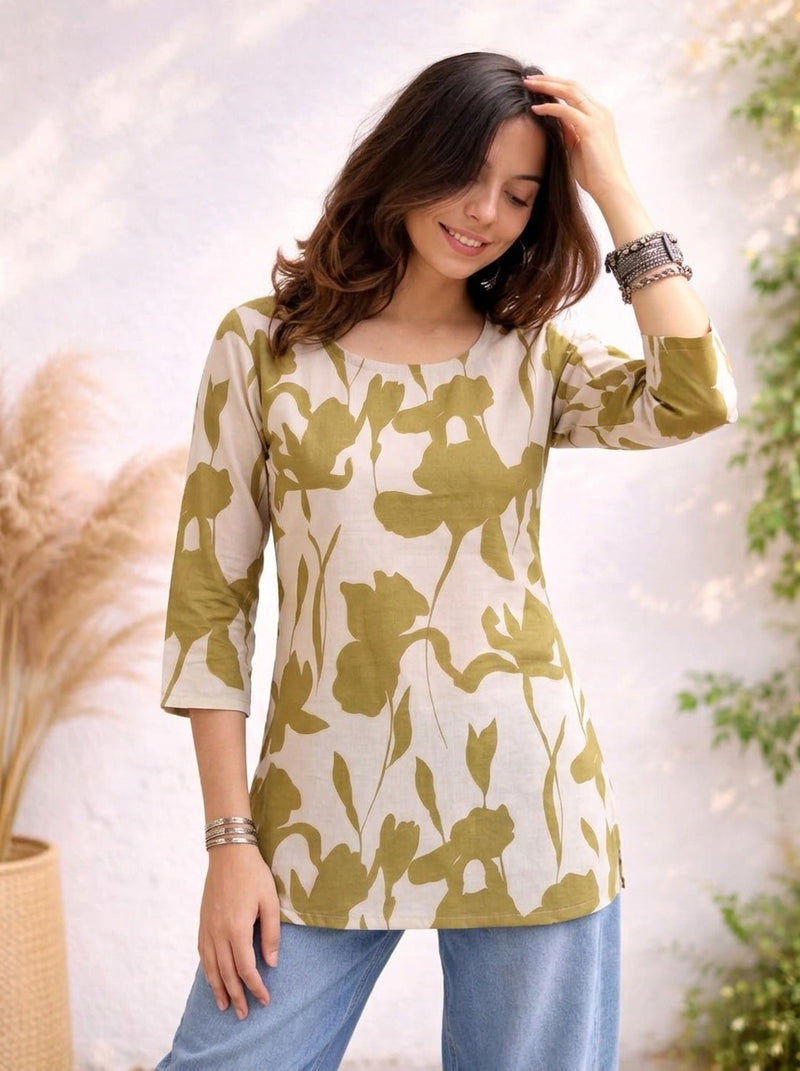 Beige Olive Green Large Floral Printed 3/4 Sleeves Round Neck Short Kurti