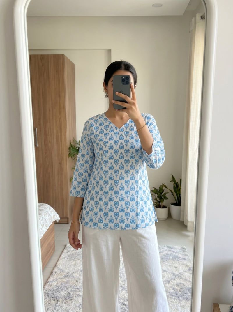 White Blue Floral Booti Printed 3/4 Sleeves Round Neck Short Kurti