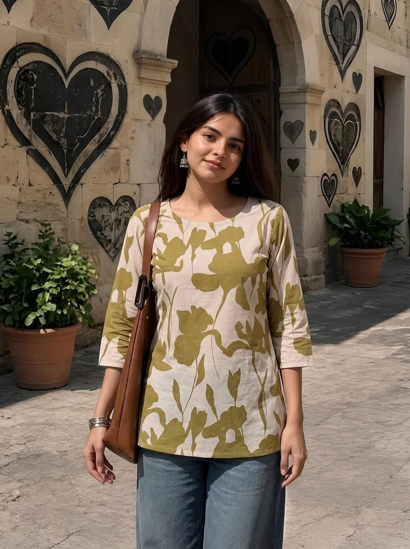 Beige Olive Green Large Floral Printed 3/4 Sleeves Round Neck Short Kurti