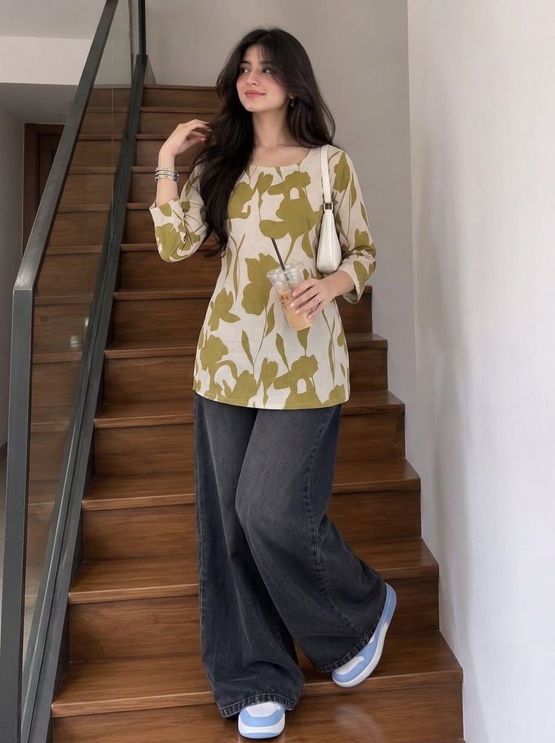 Beige Olive Green Large Floral Printed 3/4 Sleeves Round Neck Short Kurti